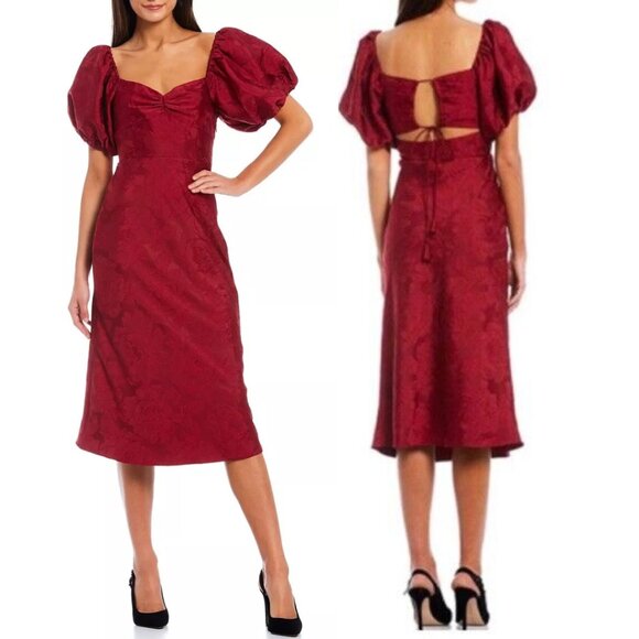 Sachin + Babi Burgundy Midi Dress with Puff Sleeves - Picture 1 of 8
